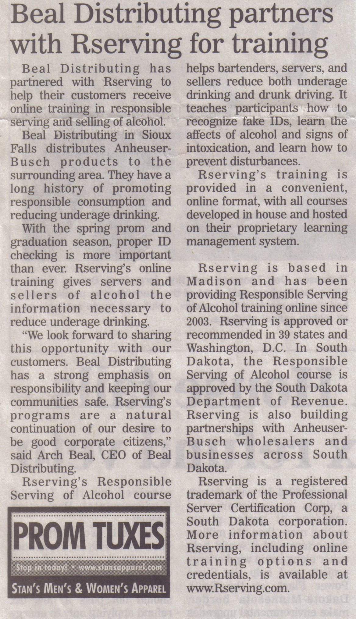 Press Release from the Madison Daily Leader about partnership between Rserving<sup>®</sup> and Anheuser-Busch wholesaler, Beal Distributing. Press Release from the Madison Daily Leader about partnership between Rserving<sup>®</sup> and Anheuser-Busch wholesaler, Beal Distributing.